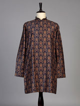 Navy silk blend printed kurta suit for men