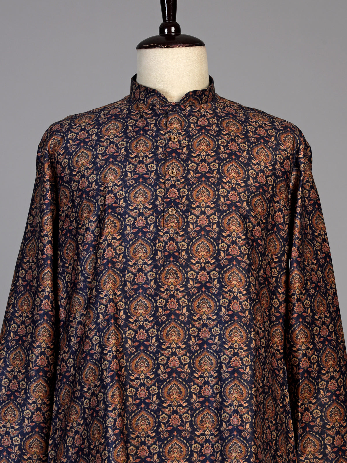 Navy silk blend printed kurta suit for men