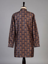 Navy silk blend printed kurta suit for men
