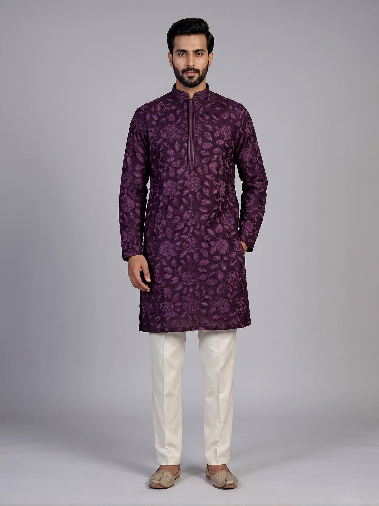 Wine cotton floral embroidered kurta suit for men