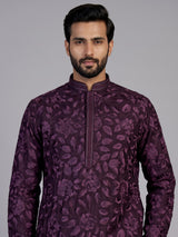 Wine cotton floral embroidered kurta suit for men