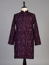 Wine cotton floral embroidered kurta suit for men