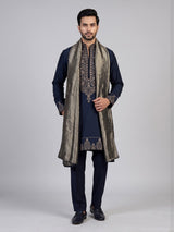 Teal blue silk zari woven kurta suit for men