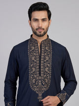 Teal blue silk zari woven kurta suit for men