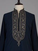 Teal blue silk zari woven kurta suit for men
