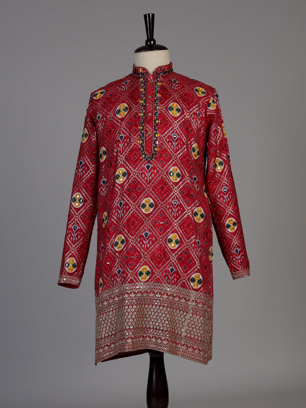 Deep rani pink silk bandhani kurta suit for men