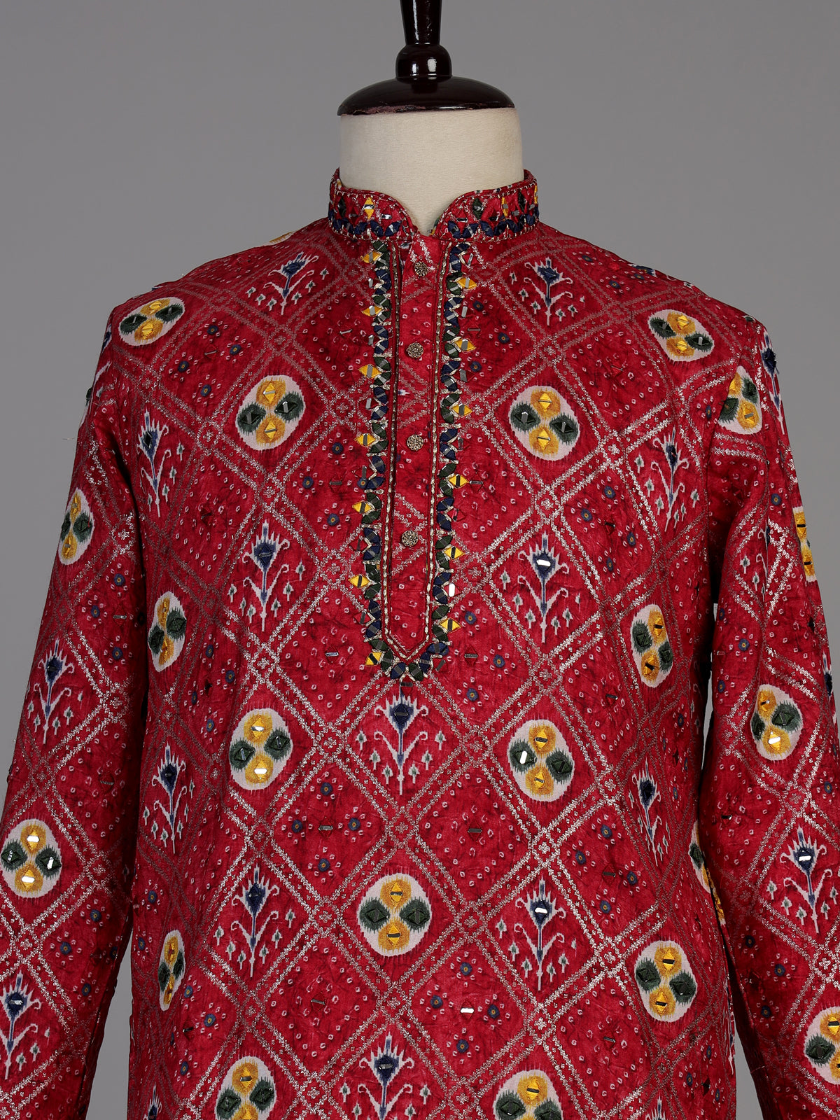 Deep rani pink silk bandhani kurta suit for men
