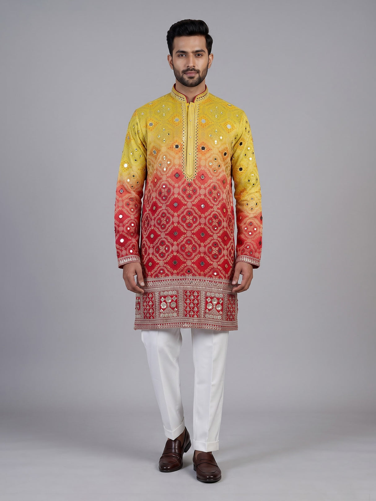 Red silk shaded bandhani kurta suit for men