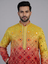 Red silk shaded bandhani kurta suit for men