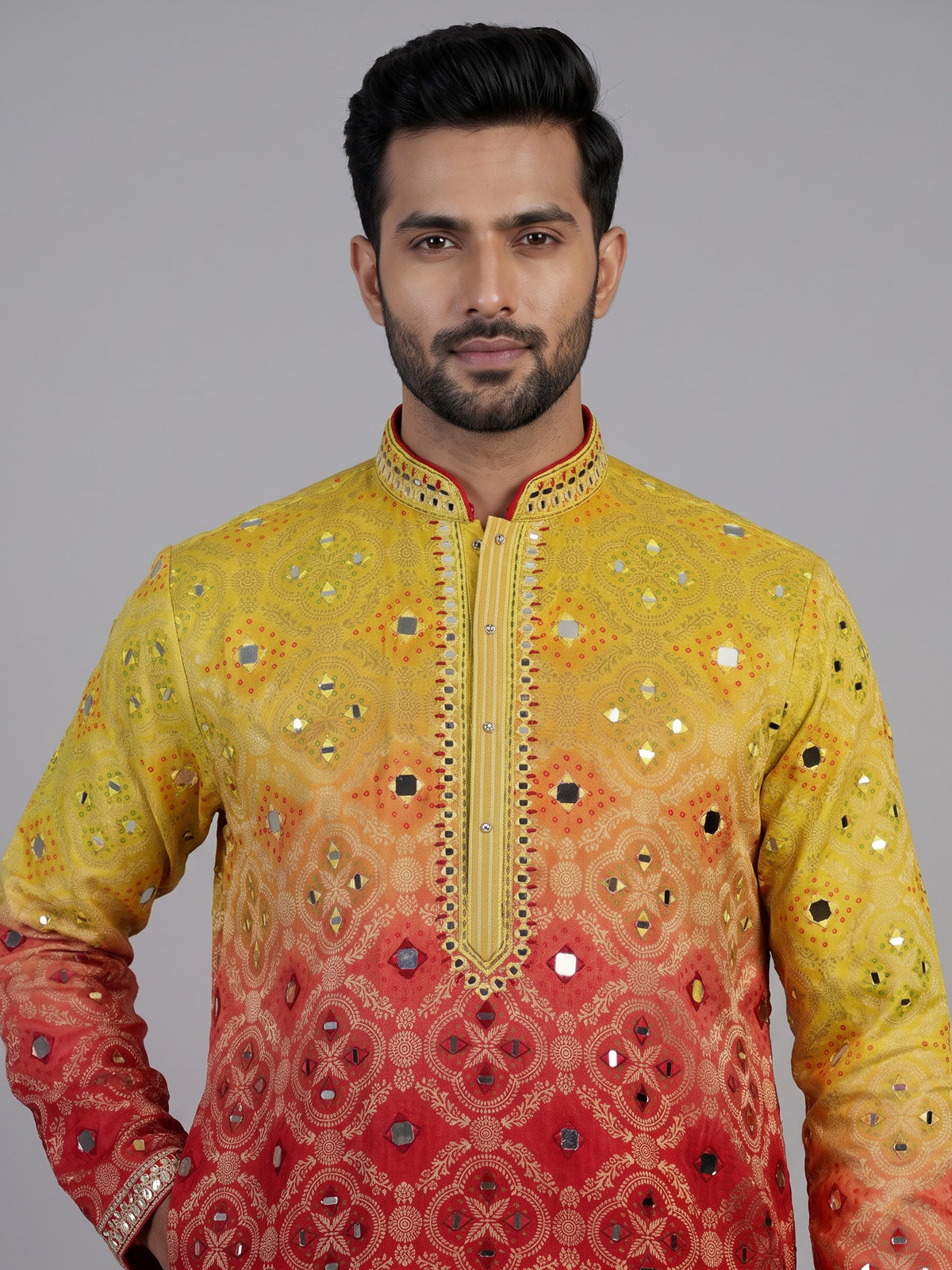 Red silk shaded bandhani kurta suit for men