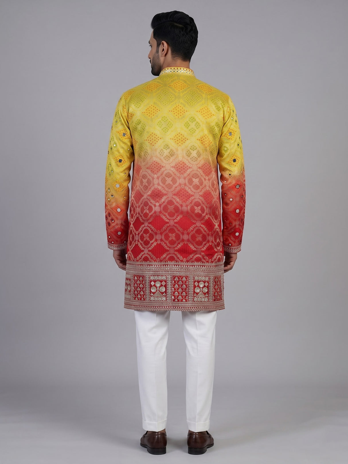 Red silk shaded bandhani kurta suit for men
