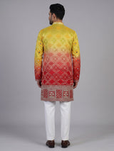 Red silk shaded bandhani kurta suit for men
