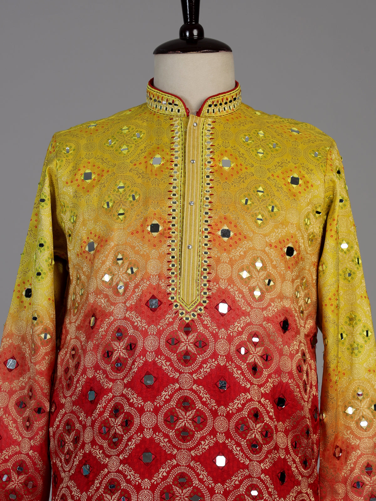 Red silk shaded bandhani kurta suit for men