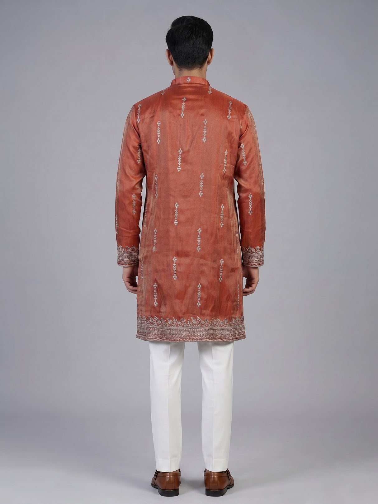 Pastel orange silk embroidered kurta suit for men