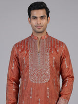 Pastel orange silk embroidered kurta suit for men