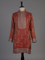 Pastel orange silk embroidered kurta suit for men