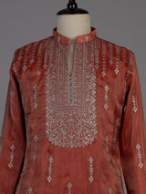Pastel orange silk embroidered kurta suit for men