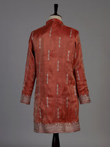Pastel orange silk embroidered kurta suit for men