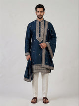 Peacock blue matka silk blend kurta suit for men