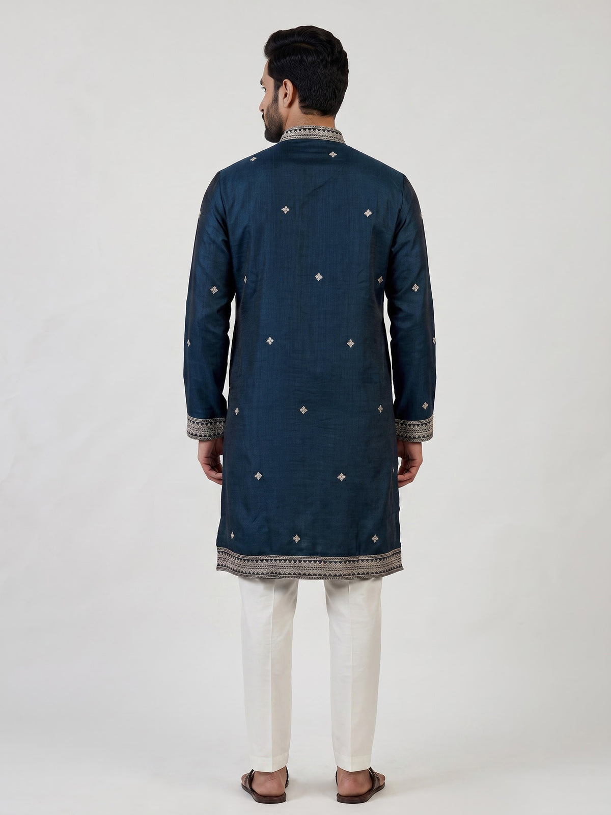 Peacock blue matka silk blend kurta suit for men