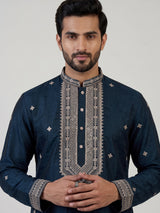 Peacock blue matka silk blend kurta suit for men