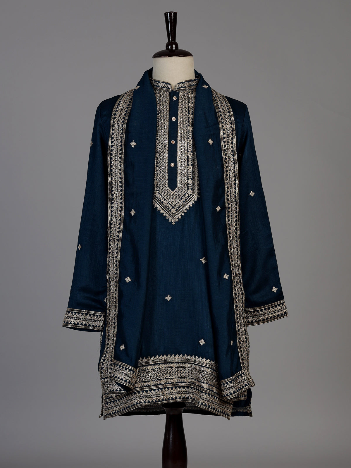 Peacock blue matka silk blend kurta suit for men