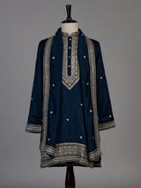Peacock blue matka silk blend kurta suit for men