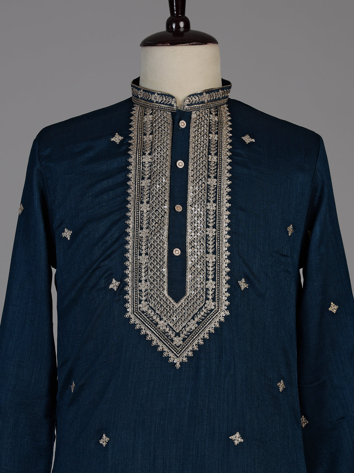 Peacock blue matka silk blend kurta suit for men