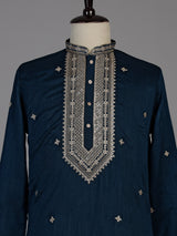 Peacock blue matka silk blend kurta suit for men