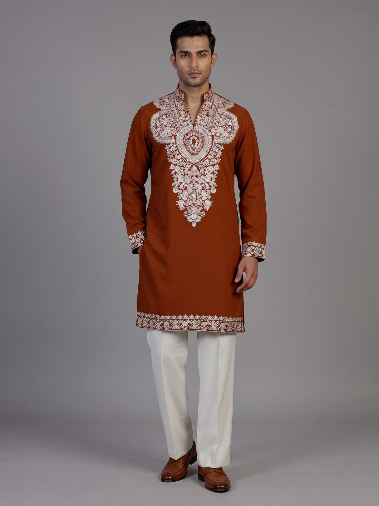 Rust orange viscose georgette kurta suit for men