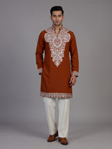 Rust orange viscose georgette kurta suit for men