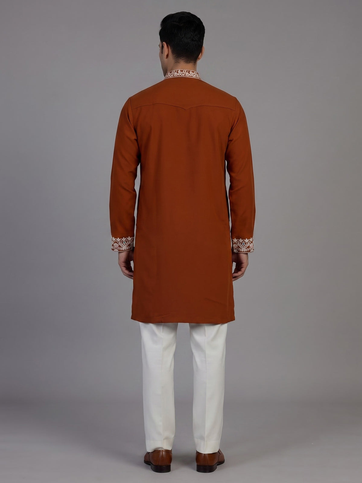 Rust orange viscose georgette kurta suit for men