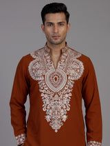 Rust orange viscose georgette kurta suit for men