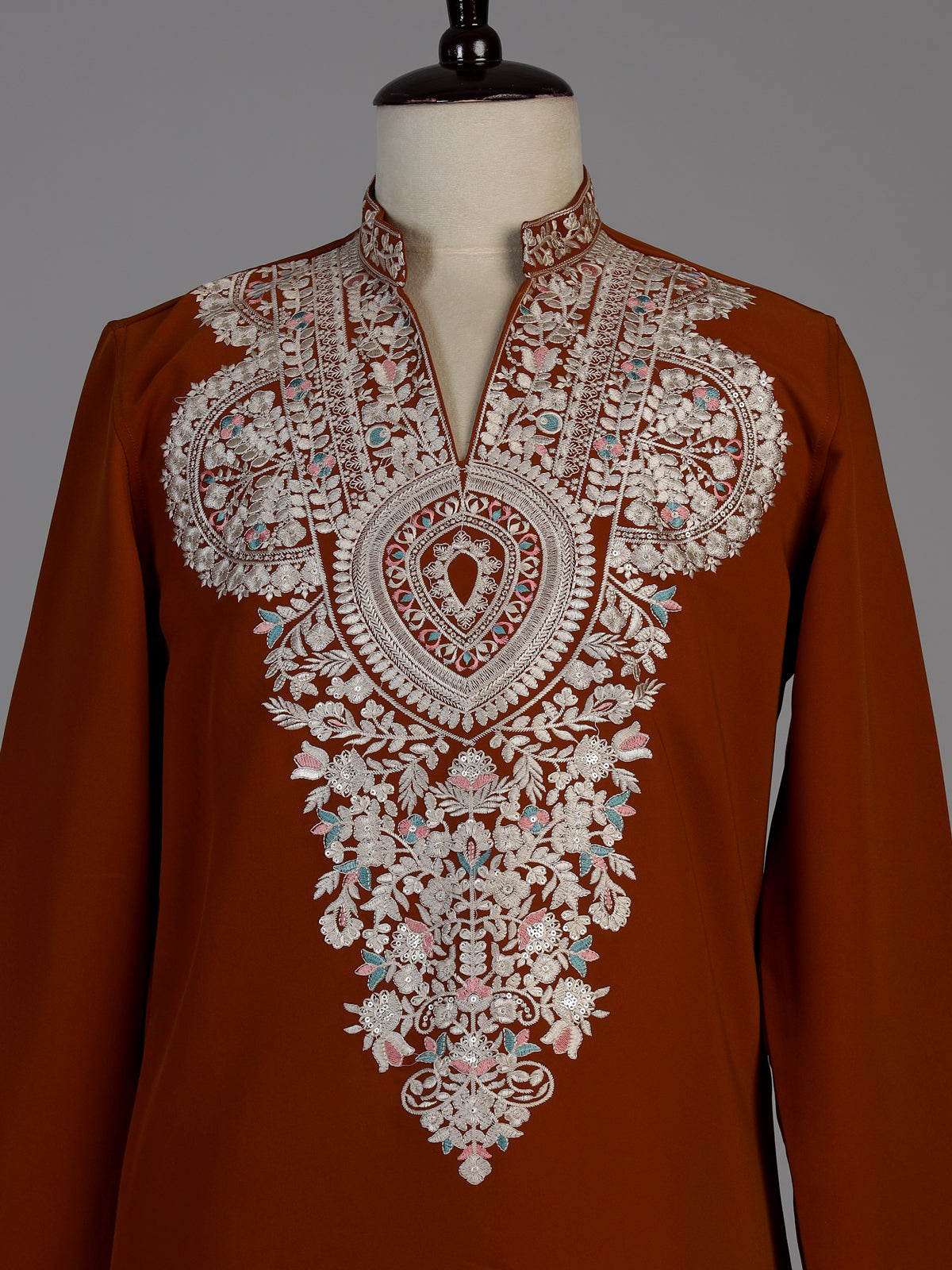 Rust orange viscose georgette kurta suit for men