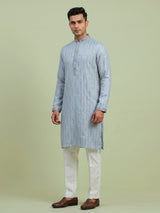 Sky blue silk embroidered sequin kurta suit for men