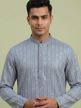 Sky blue silk embroidered sequin kurta suit for men