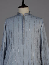 Sky blue silk embroidered sequin kurta suit for men
