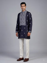 Navy silk printed kurta suit for men festive style