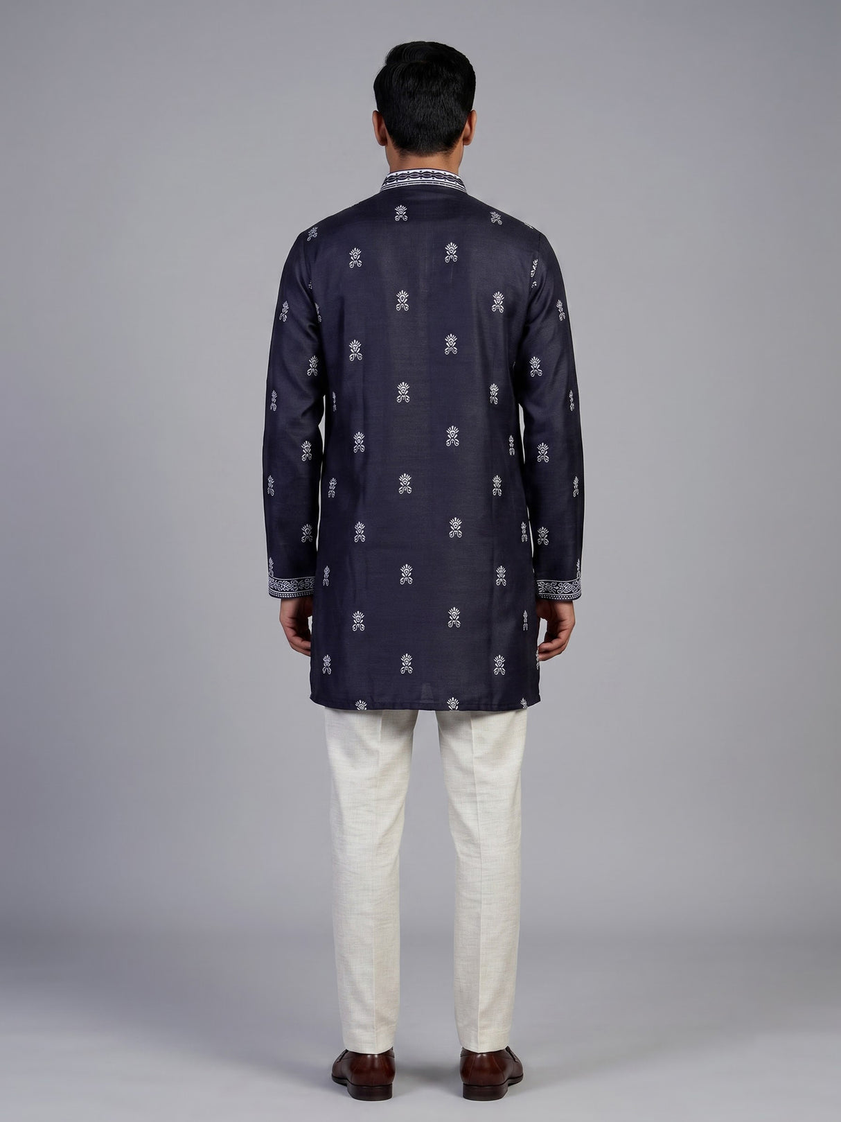 Navy silk printed kurta suit for men festive style