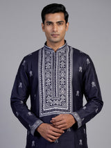 Navy silk printed kurta suit for men festive style