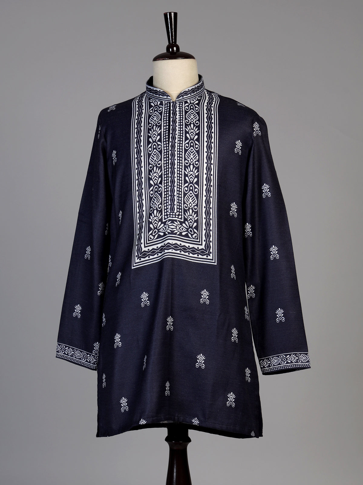 Navy silk printed kurta suit for men festive style