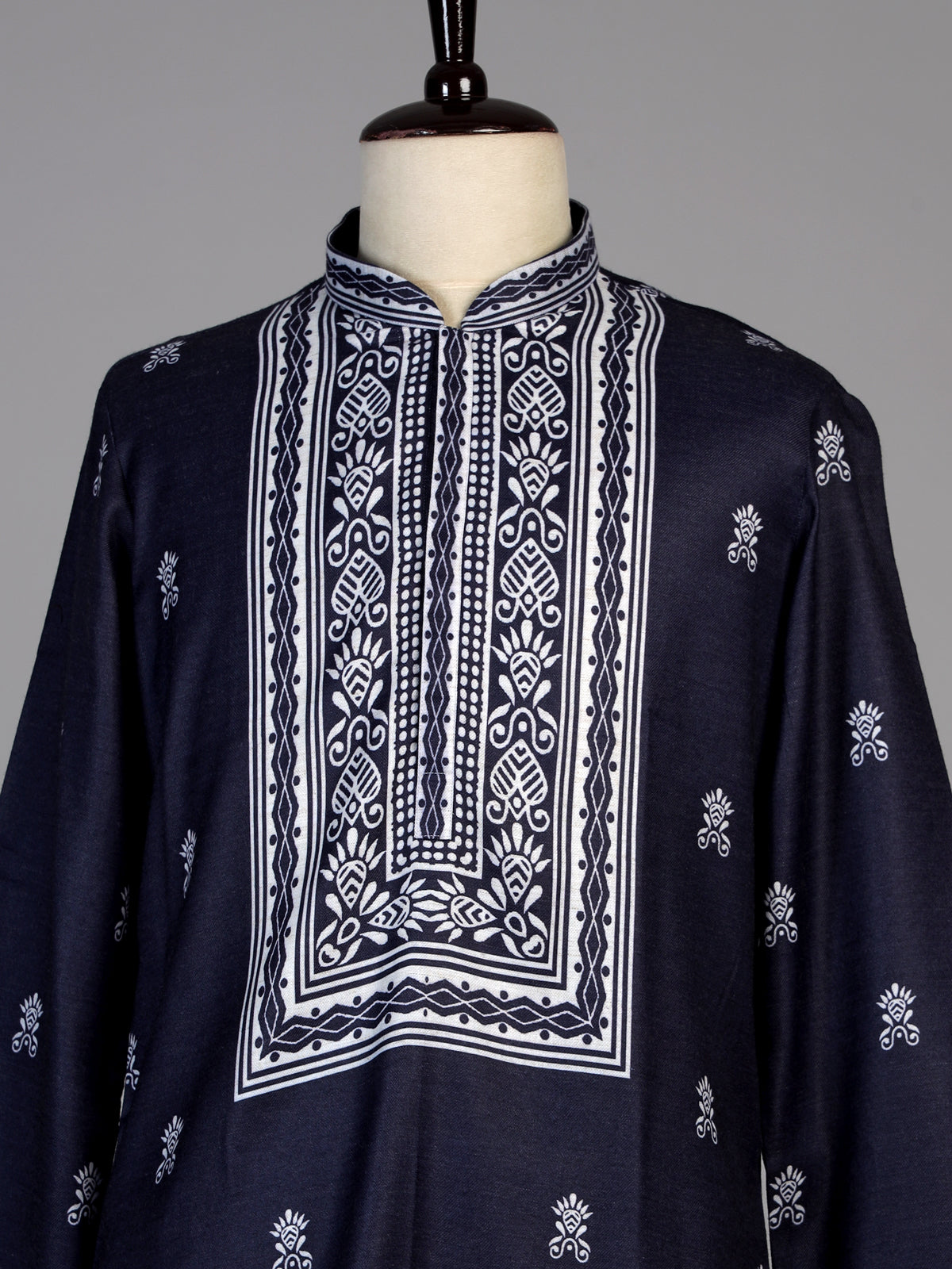 Navy silk printed kurta suit for men festive style