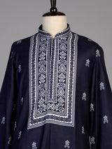 Navy silk printed kurta suit for men festive style
