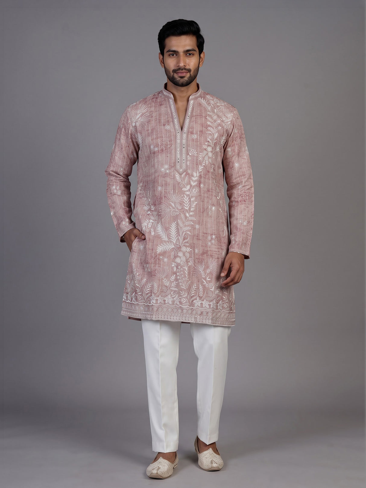 Onion pink silk printed embroidered kurta suit for men