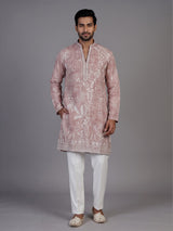 Onion pink silk printed embroidered kurta suit for men