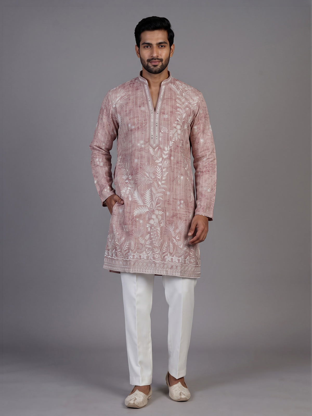 Onion pink silk printed embroidered kurta suit for men