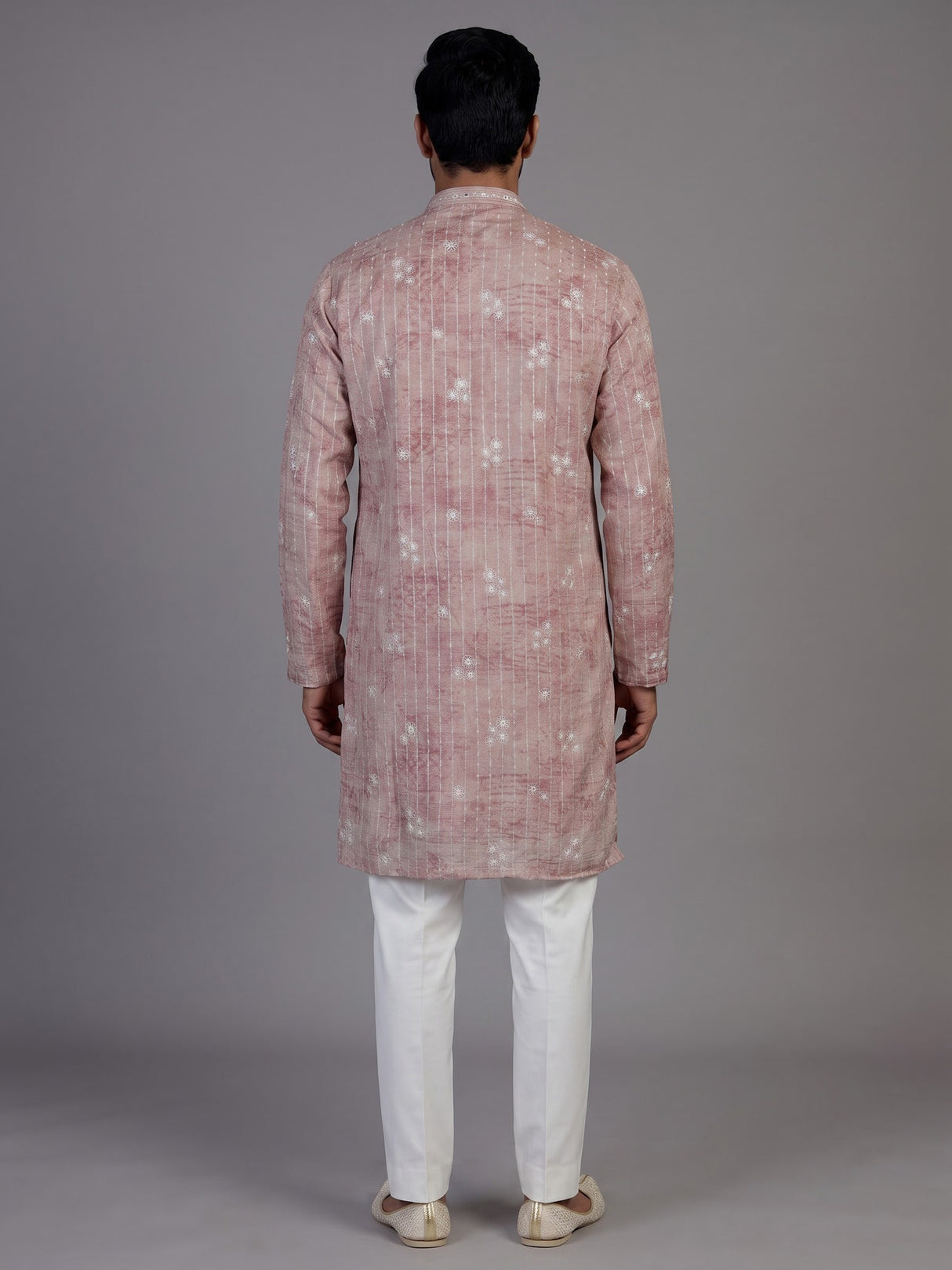Onion pink silk printed embroidered kurta suit for men