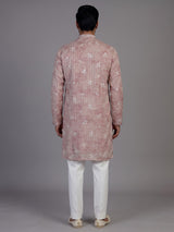 Onion pink silk printed embroidered kurta suit for men