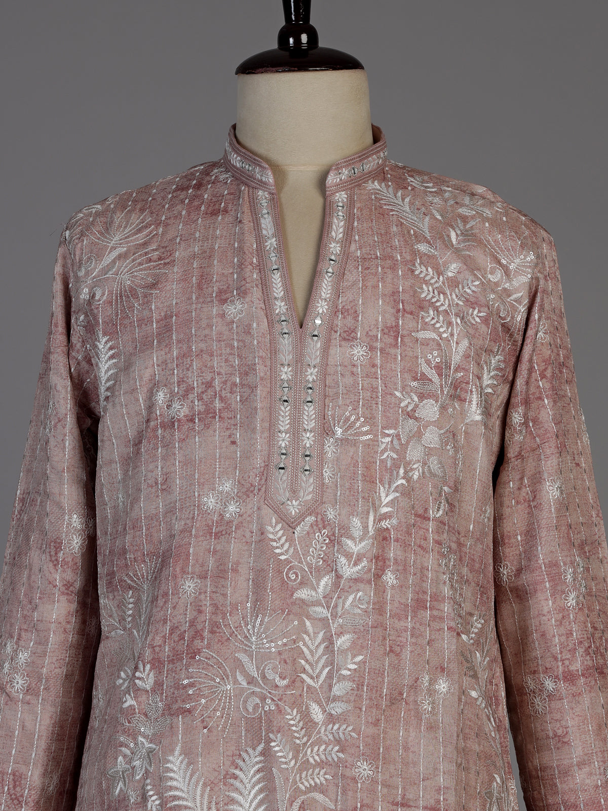 Onion pink silk printed embroidered kurta suit for men