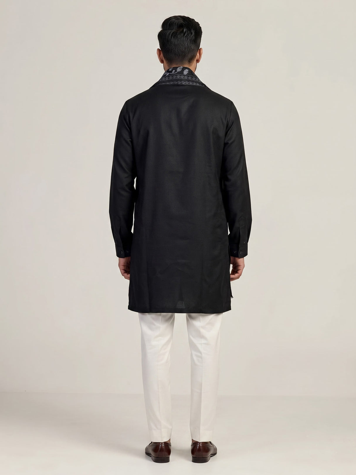Black cotton embroidered kurta suit with woven dupatta